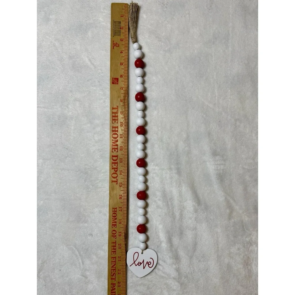 Valentine's Day Wood Bead Garland with Love Heart Tag Burlap Tassels 22.5 Inch